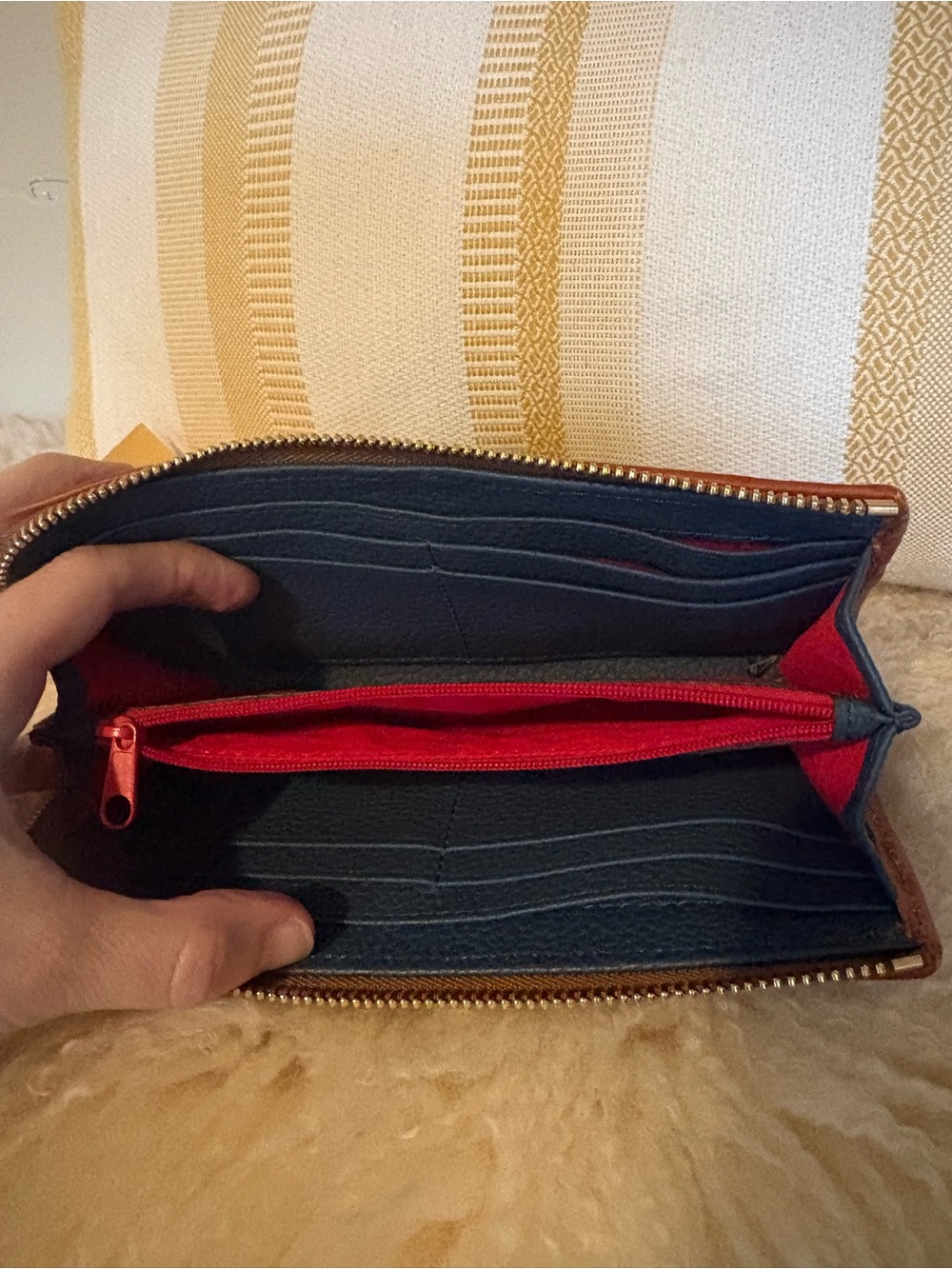 Dooney & Bourke Navy Pebble Leather Zip Wallet with Brown Trim - Picture 4 of 6